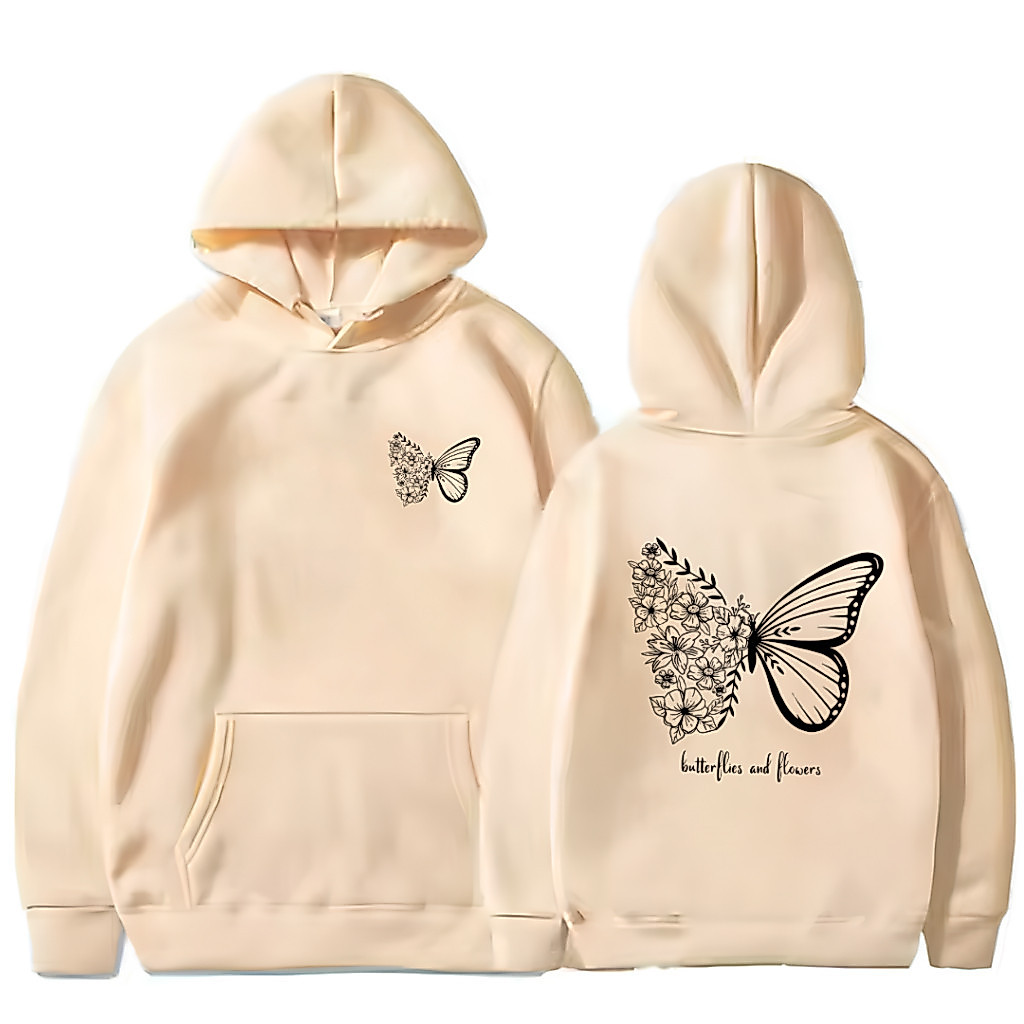 Moletom Canguru Borboleta e Flor Estampado Unissex Flanelado Forrado com Capuz Blusa de Frio Inverno