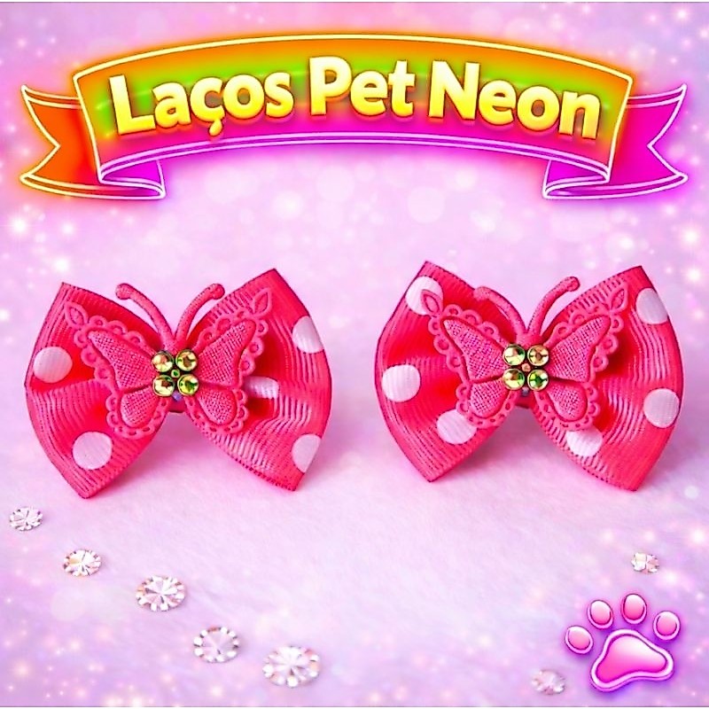 20 Laços Pet Borboletas / Flor Femea M Banho e Tosa Acessórios Pet Enfeite Para Cachorro Lacinhos Pet Neon PetShop