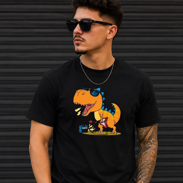 Camiseta Camisa Masculina T-Rex Rock Dinossauro Infantil Juvenil Estampada Algodão Streetwear Moda Casual