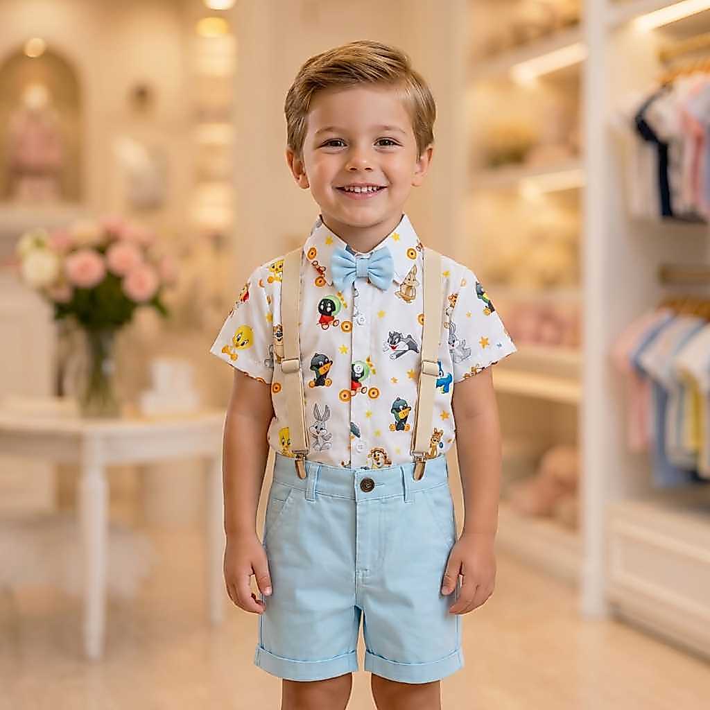 Conjunto Menino Infantil Luxo Temático Looney Tunes Baby + Bermuda Azul