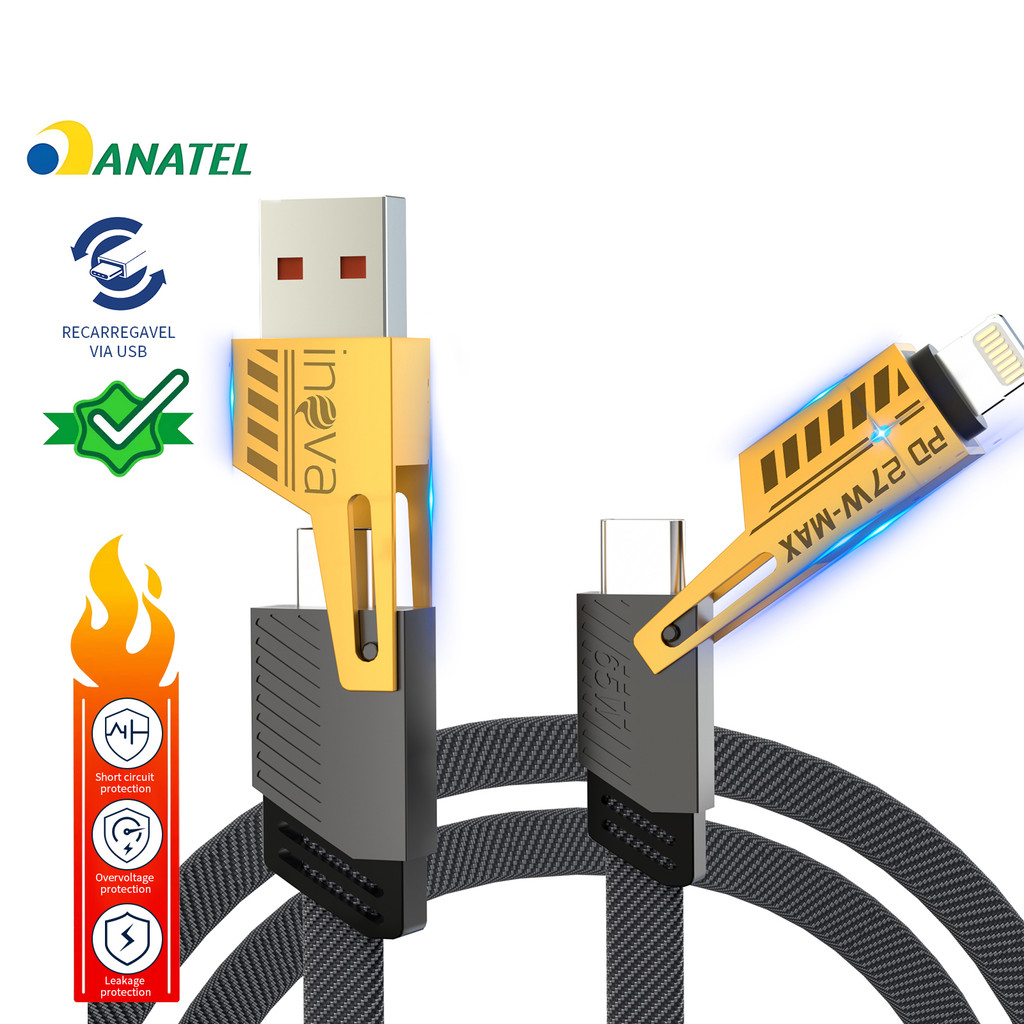 INOVA Cabo 4em1 65W Carregamento Rápido Lightning+Type-C Trançado Resistente Compatível iPhone e Android Celular