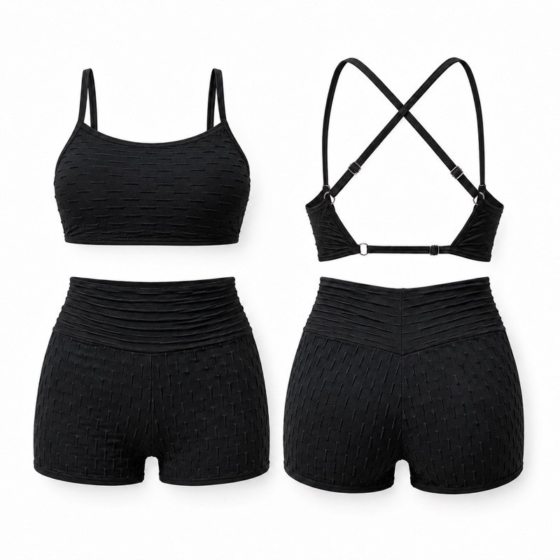 Conjunto Fitness Feminino Tecido Bolha/Brocado/Jacquard Preto Top Cruzado Short Cintura Alta Academia