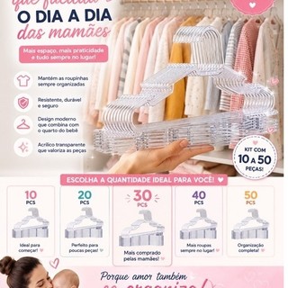 Kit 30 Cabides INFANTIL Acrilico Transparente reforçado organizador de roupas arara