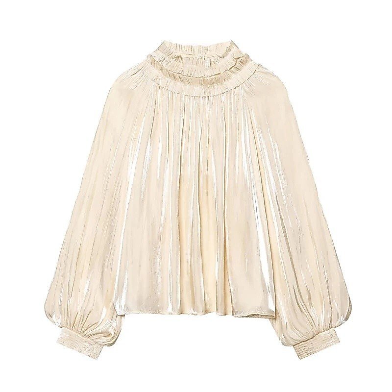 Camisa feminina de primavera, estilo casual, com decoração em camadas, gola alta, manga longa e textura de seda brilhant