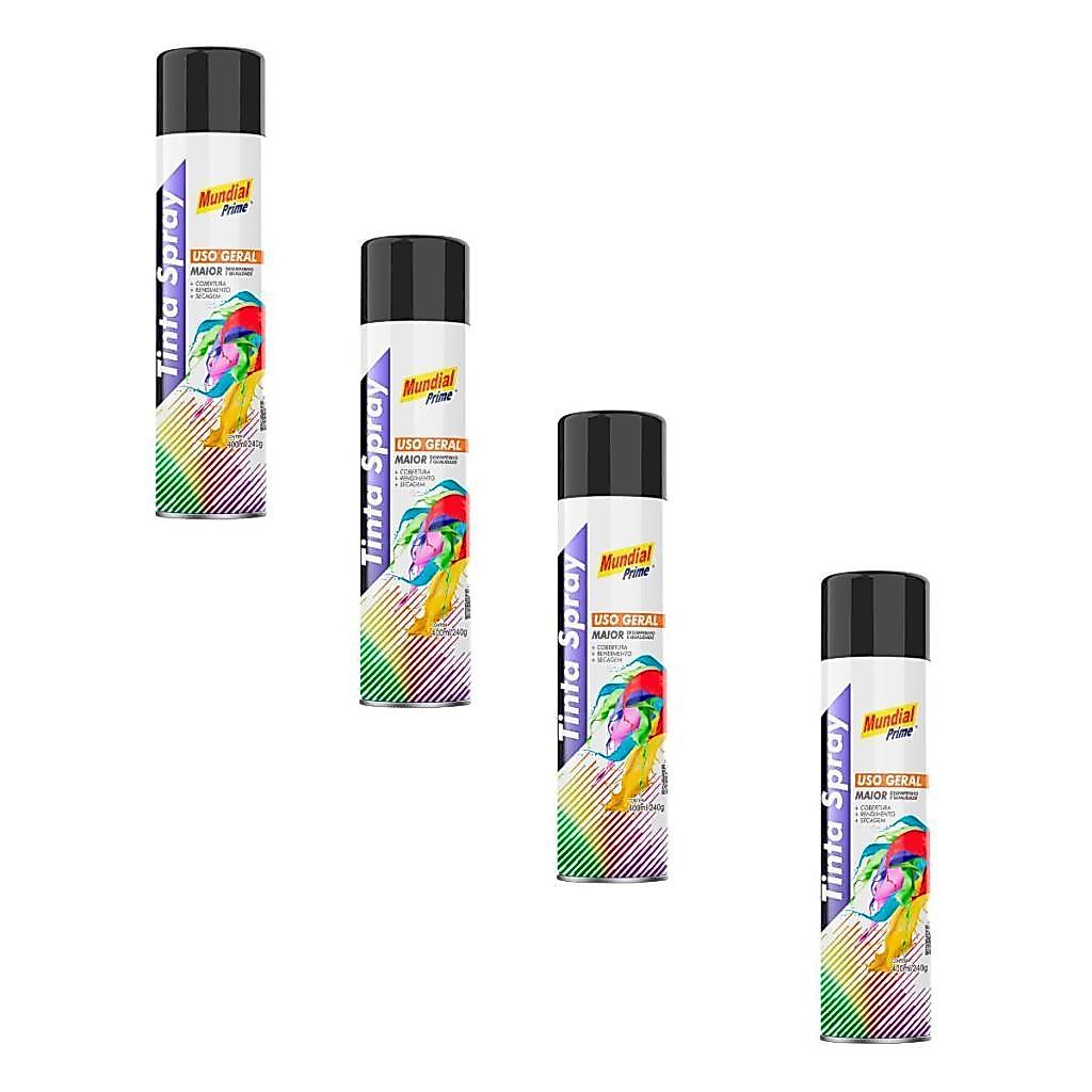 Kit 4 Tinta Spray Mundial Prime Preto Brilhante - 400ML
