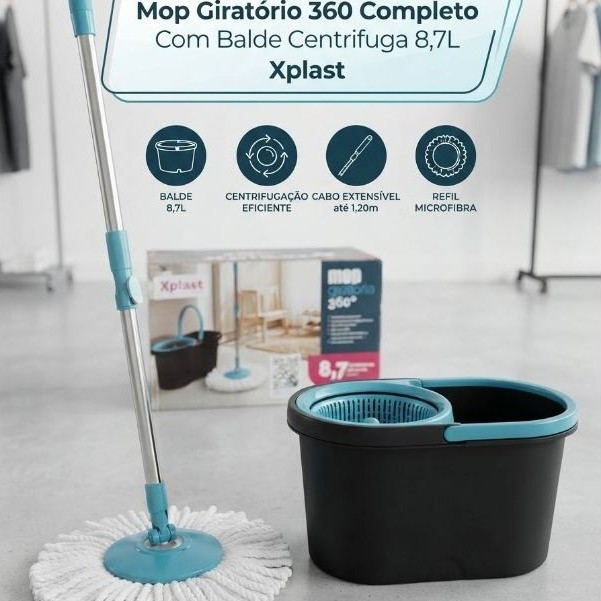 Xplast Mop Giratório 8,7 Litros Fit Cesto Plástico Esfregão Microfibra Cabo Inox 360° Limpeza Eficiente