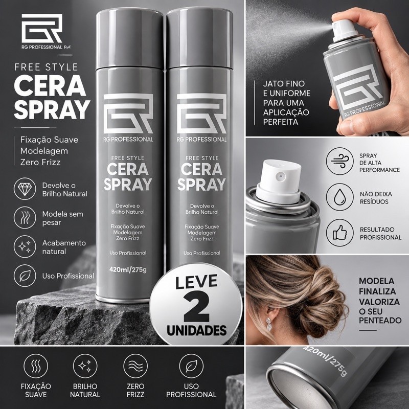 Kit 2 Ceras Spray RG Professional 420ml Cada | Fixação Leve, Alinhamento e Finalização de Penteados — imagem 2 de 2