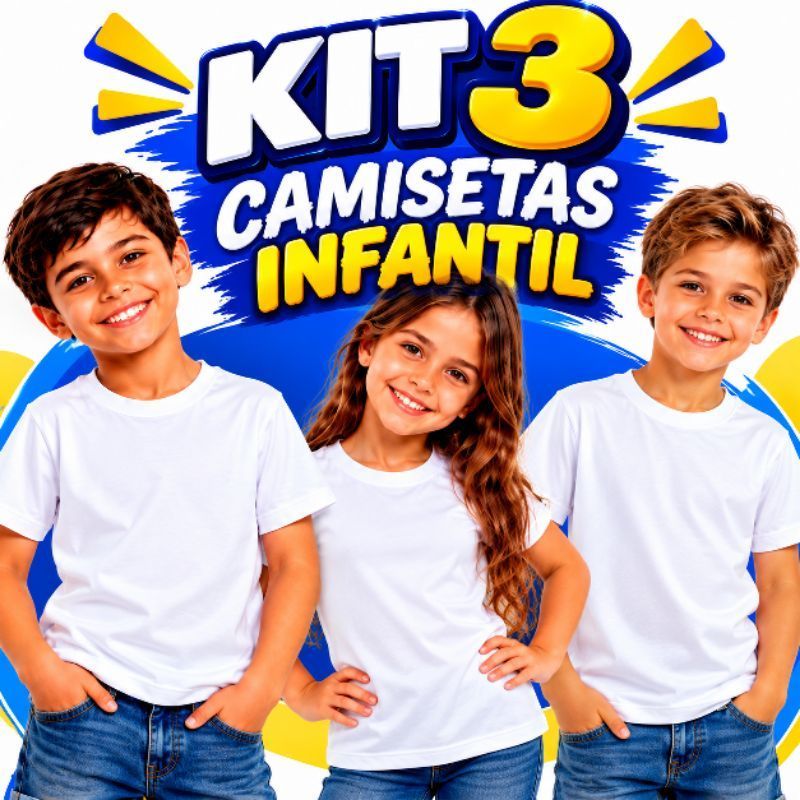 Kit 3 Camisetas infantil Branca malha fria anti Pilling