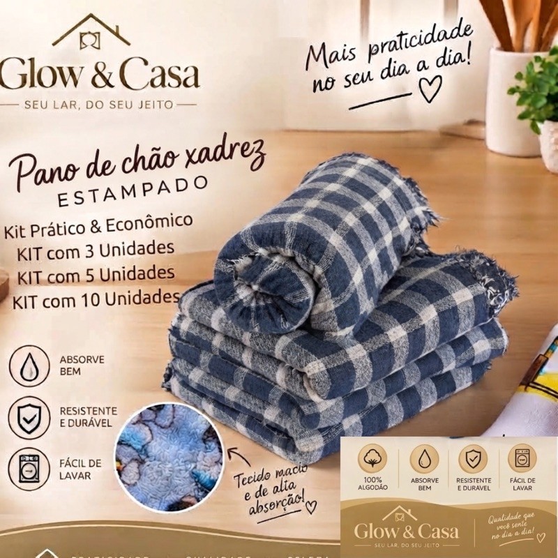 Kit com 3,5,10 PANO DE CHÃO XADREZ DUPLO - 100% ALGODÃO 45×65 CM