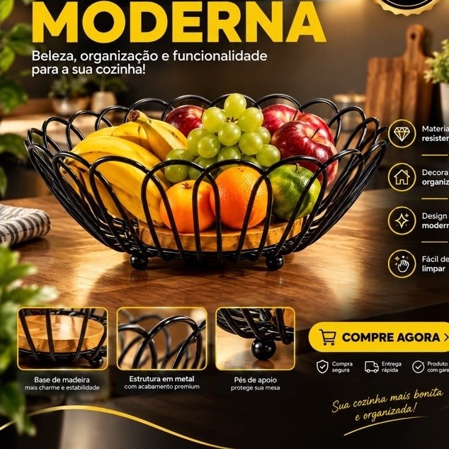 Fruteira de Mesa Rústica de Metal e Madeira Redonda Com Arcos Moderna