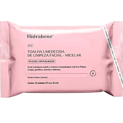 Toalha Umedecida de Limpeza Facial Micelar Hidrabene 2 em 1 Demaquilante Água 25 Unidades
