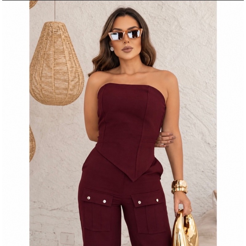 Conjunto Cargo Tomara Que Caia Assimétrico e Calça Pantalona Social Feminino Luxo Moda Verão Elegante