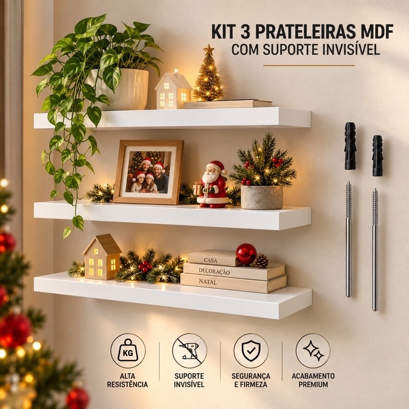kit 3 prateleiras MDF com suporte invisível