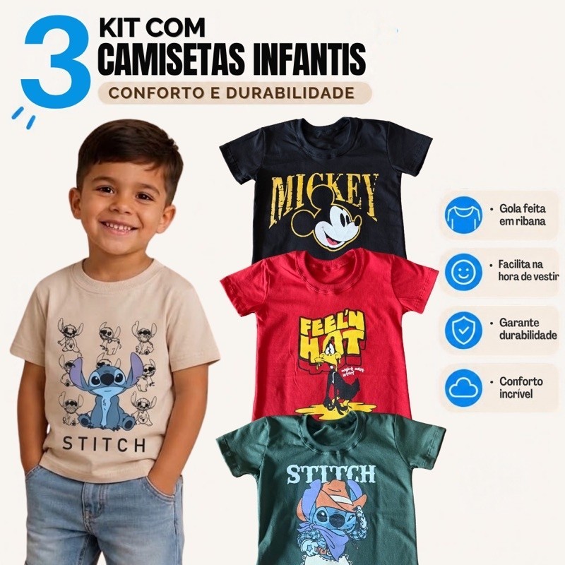 Kit 3 Camisetas Infantil Menino Estampadas Roupa De Criança Verão Personagens Divertidas Confortável