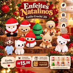 Enfeite Natalino 3D Crochê Decoração de Natal Papai Noel Urso Pinguim Rena Árvore Cachorrinho Biscoito Kit