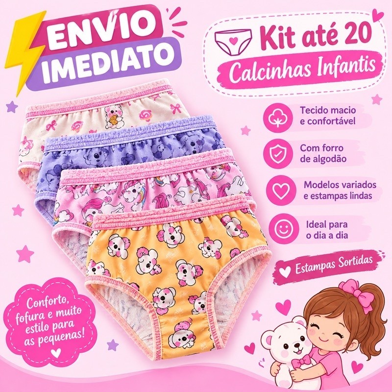 Kit com Até 10 Calcinha Infantil para Menina de 1 a 7 Anos  Estampas Sortidas