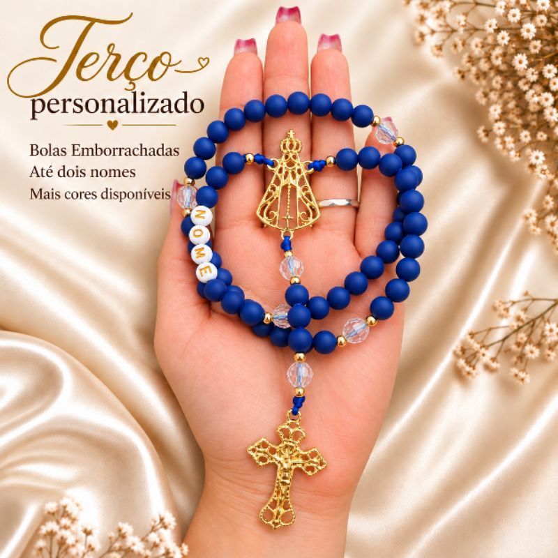 Terço Personalizado Com Nome Bolas Emborrachadas Entremeio Nossa Senhora Aparecida Lembrancinha