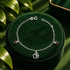 Pulseira Patinha e Corações Rosa Cereja em Prata 925