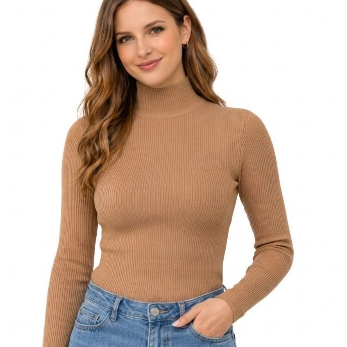 Blusa Feminina estilosa elegante cacharrel gola alta algodão canelada estica justa ao corpo basica casual roupa feminina