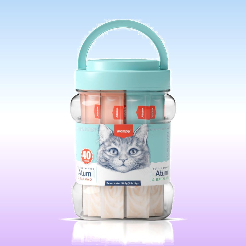 Petisco Truly Wanpy Creamy Sortido para Gatos Atum e Salmão + Atum e Bacalhau Pote 40 Tubos 560 G
