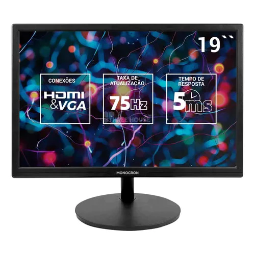 Monitor Monocron Office, 19 Pol., TN, HD, 75Hz, HDMI/VGA, MN19R1, Preto