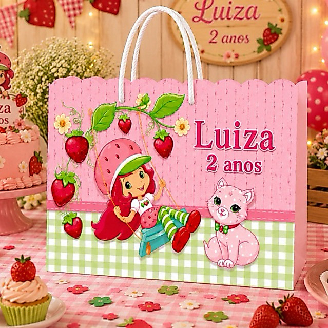 Sacolinha Personalizada Moranguinho | Lembrancinha Infantil Menina | Nome e Idade Personalizados