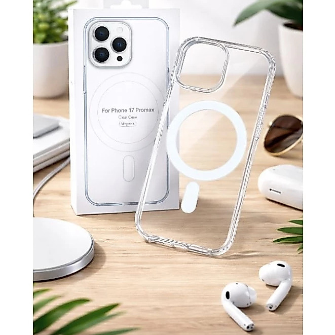 Capa Magnética MagSafe Transparente iPhone 11 12 13 14 15 16 16E 17 Pro Max Air-Carregamento Sem Fio