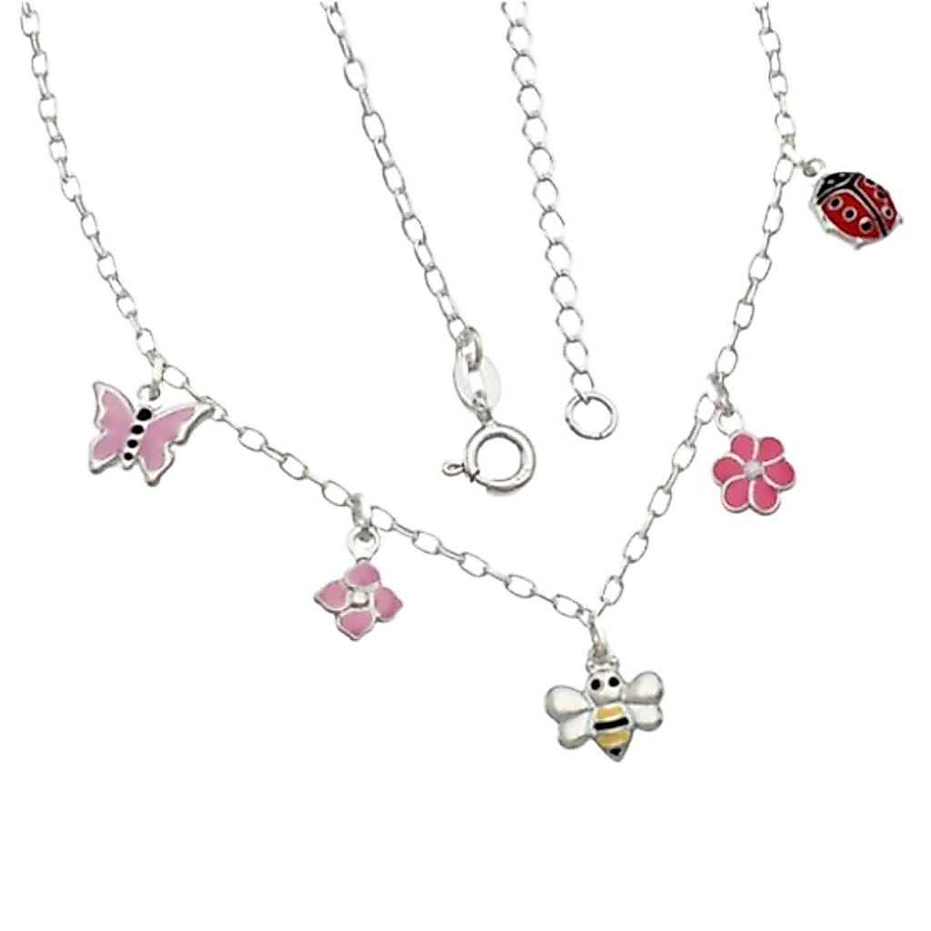 Colar Feminino de Prata 925 com Joaninha Abelha Borboleta e 2 Flores