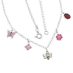 Colar Feminino de Prata 925 com Joaninha Abelha Borboleta e 2 Flores