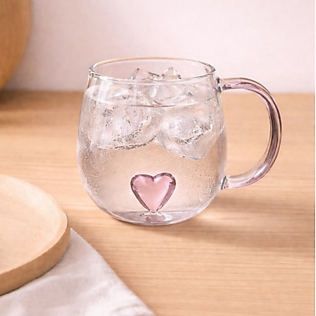Caneca de vidro 3D com coração rosa com alça para café chá leite de borossilicato transparente 350ml xícara xicara copo