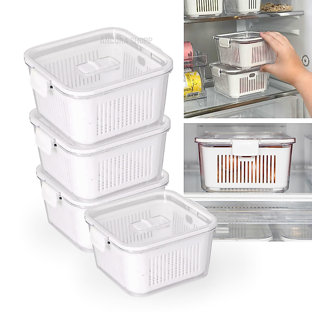Kit 4 Pote Geladeira Hermético Acrílico 1360ml Cesta Para Alimentos Fruta Verdura Legume Conserva