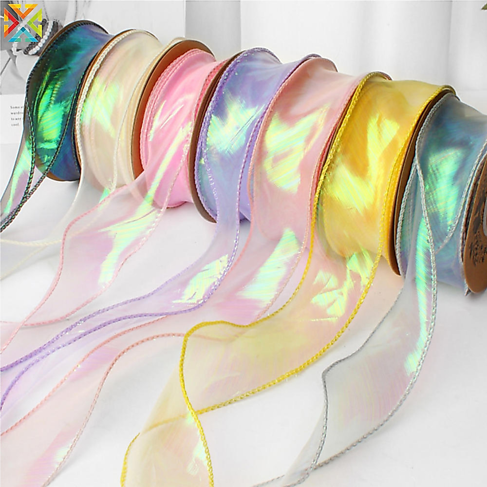 40mm 10Yards Fita Organza De Rabo De Peixe Refletiva Iridescente De Borda Ondulada Para Embalagem De Presentes Fitas Voile Bouquet De Arco De Bricolagem