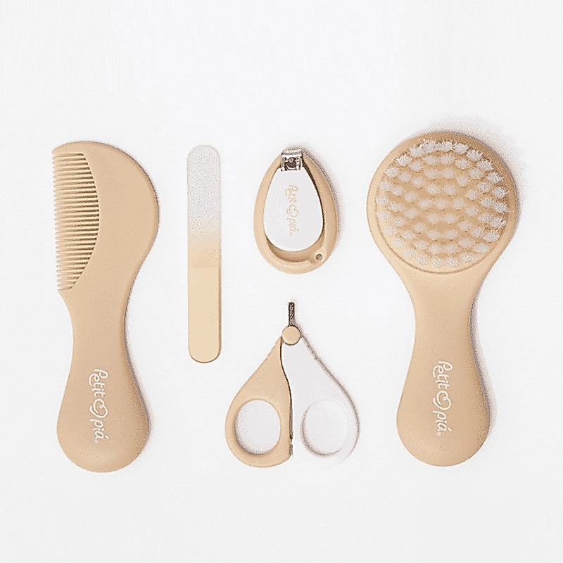 Kit Higiene Bebê Petit Piá 5 Peças Nude com Escova, Pente, Tesoura, Cortador e Lixa, BPA Free, +0m