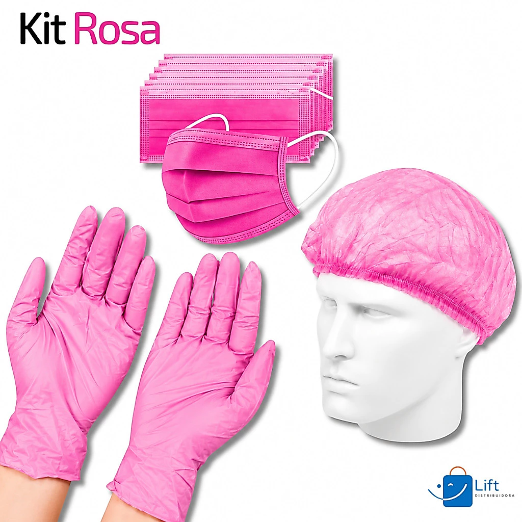 Kit Rosa 100 Toucas TNT+ 100 Luva Nitrilica+ 50 Máscara Descartável Tripla Camada Com Clipe Nasal — imagem 1