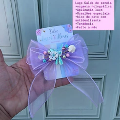 Laço Infantil luxo organza Calda de Sereia fundo do mar com pontas Detalhes Conchas Pérolas no Bico de Pato feito a mão