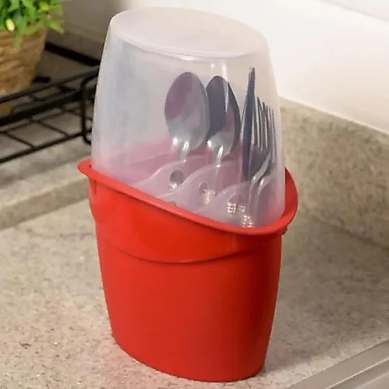 Porta Talheres com Tampa Vermelho Uz Utilidades Organizador Cozinha Escorredor Prático Resistente Promoção