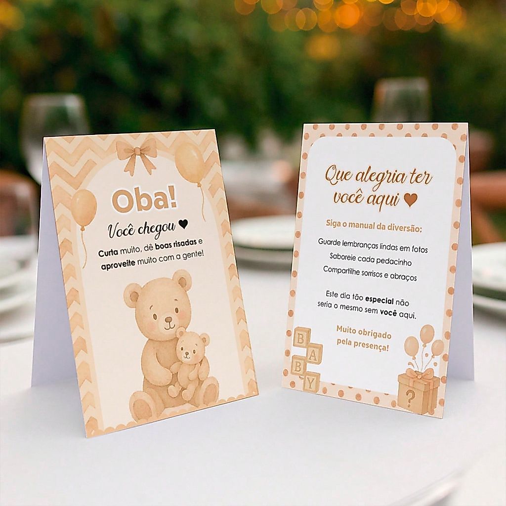 Placas de Mesa Chá Revelação Ursinho Aquarela - Centro de Mesa e Agradecimento Urso Neutro Bege Fofo