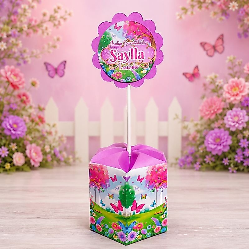 Centro de Mesa Jardim Encantado Personalizado Festa Infantil Menina Borboletas Luxo Papel 180g Decorativo