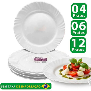 Kit jogo de pratos petala raso branco 25,5cm de vidro temperado Duralex Opaline 04/06/12 unidades