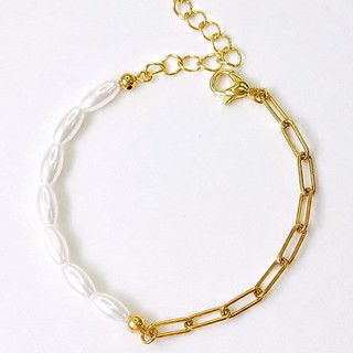 Pulseira de Perola Grão e Corrente em Aço Inox Dourado - Feminino/Masculino [ Aço Inox Não Escurece ] - Pulseira Dourada