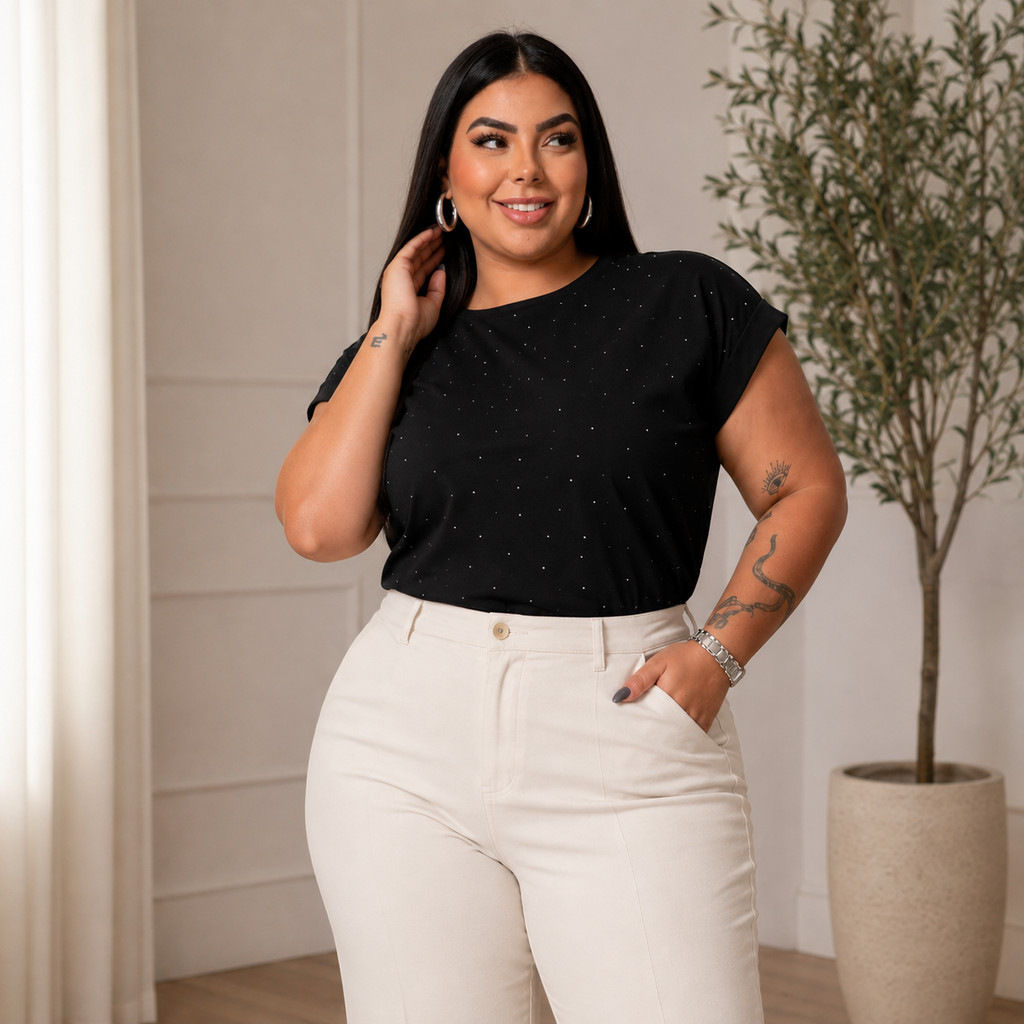Blusa Feminina Manga Japonesa Estampa Strass Brilho Plus Size 100% Algodão Camiseta Confortável