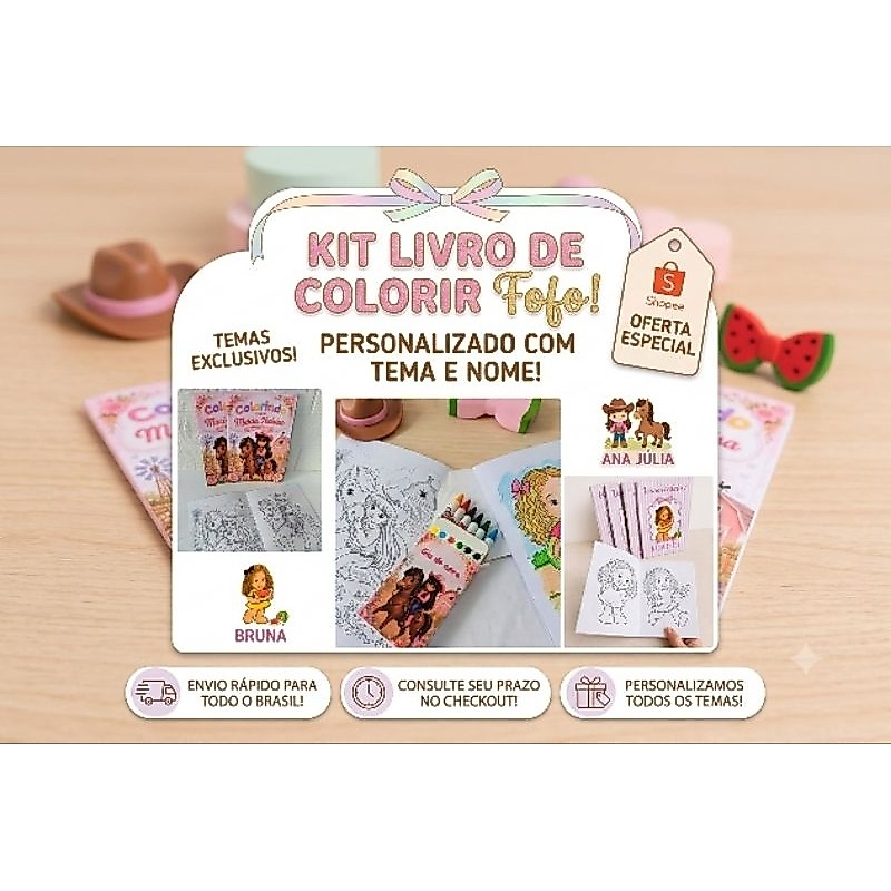 Kit Livro de Colorir Personalizado Lembrancinha de Festa Giz de Cera Vários Temas Aniversário