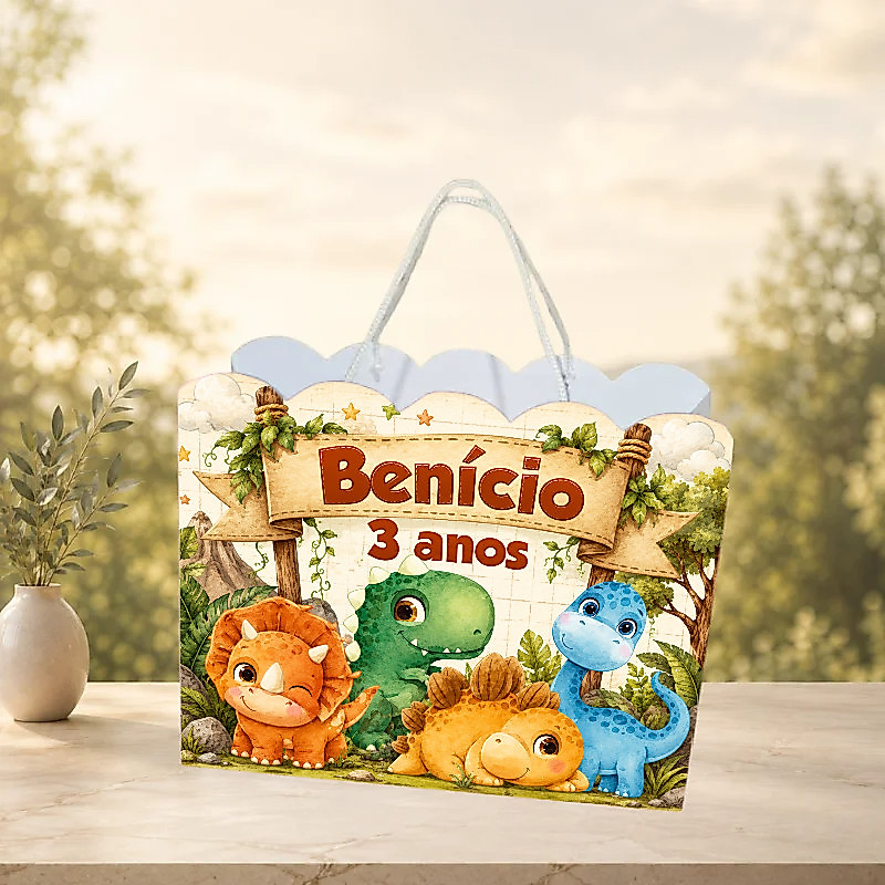 Sacolinha Dinossauro Baby Personalizada com Nome e Idade | Pegue e Monte | Lembrancinha de Aniversário | Festa Infantil