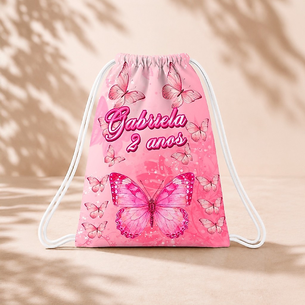 10 Mochila Personalizada Infantil 18x26 Sacolinhas Surpresa Festa Aniversário Lembrancinha Borboleta Rosa