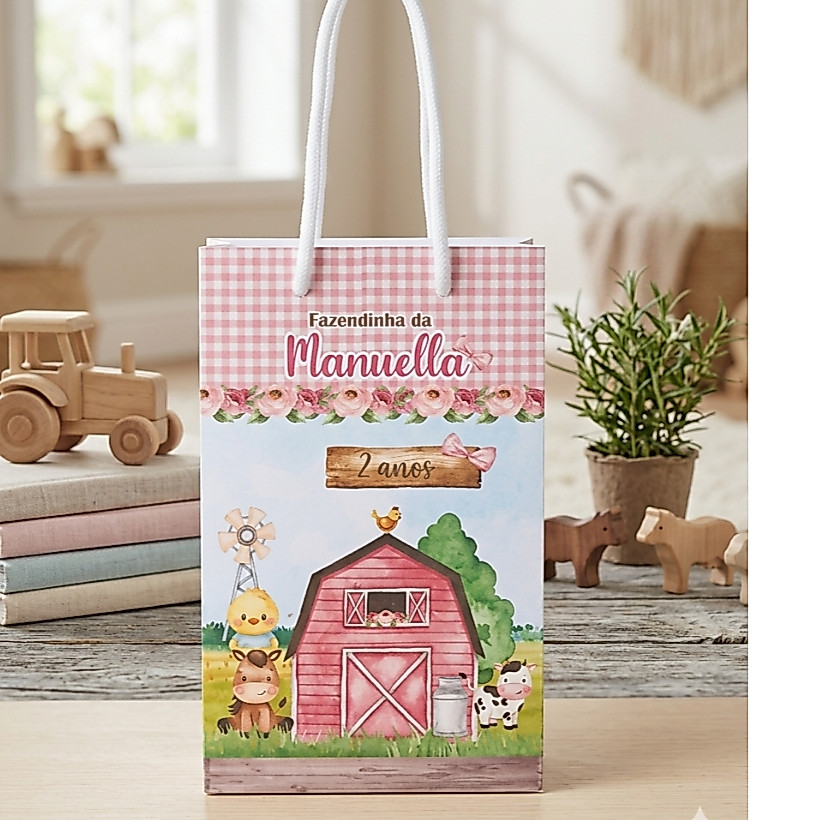 Sacolinha personalizada Fazendinha Rosa PEGUE E MONTE | Personalizados lembrancinhas mimos