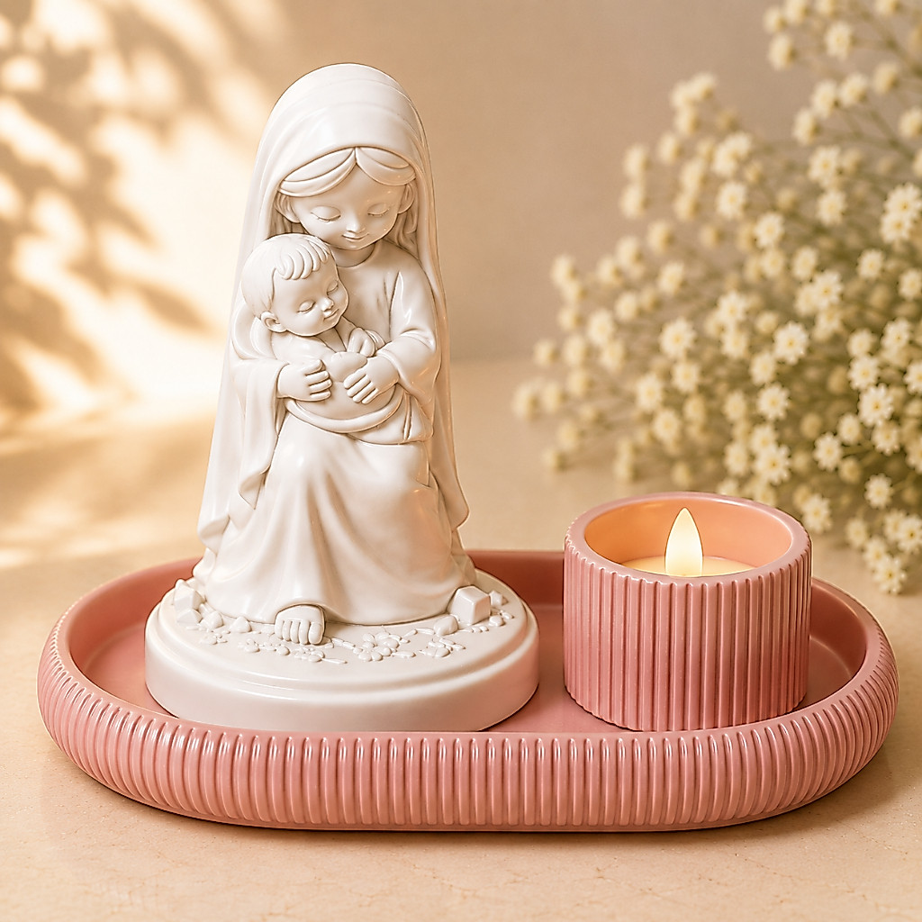 Nossa Senhora Baby Kit com Bandeja Vela LED Cantinho de Oração Decoração Religiosa Católica Presente Batizado Bebê