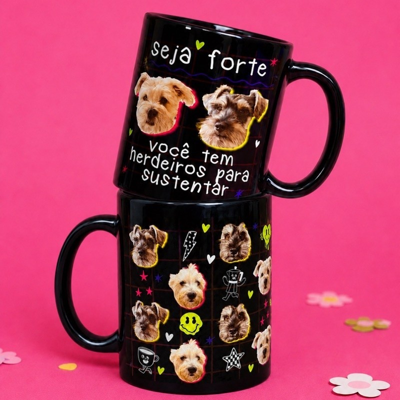 Caneca Toda Preta, Personalizada com Fotos e Ícones Neons