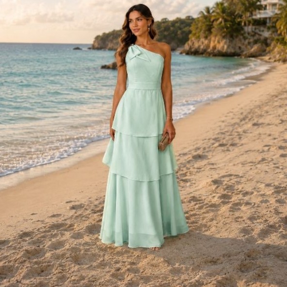 vestido longo manga nula de três camadas e três maria ten lazo na hombro para festa formatura casamento