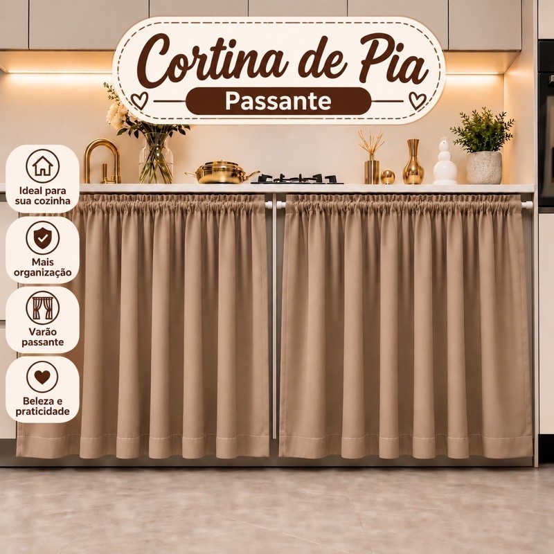 Cortina de Pia 1,40 x 0,80 Tecido Oxford Liso Decoração de Cozinha Balcão