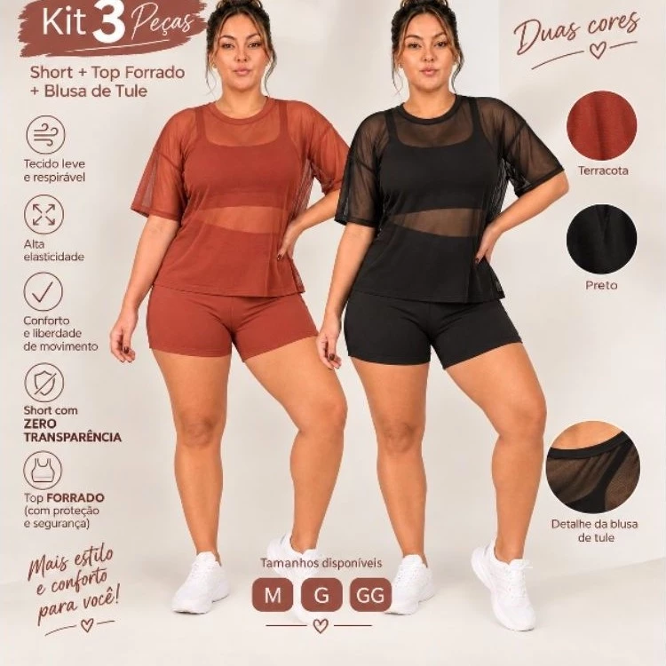 conjunto fitnes 3 peças. short top blusa tule — imagem 1